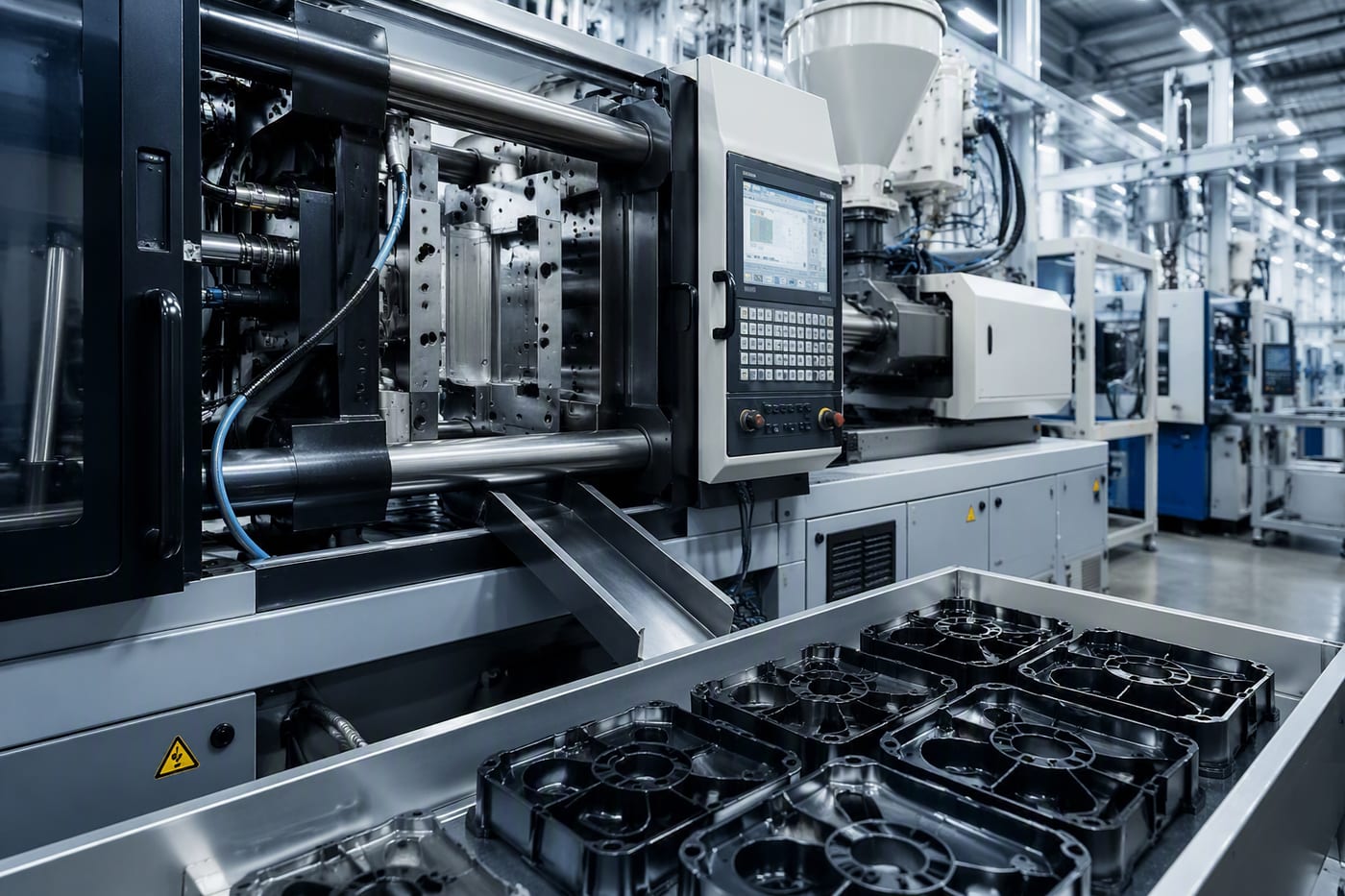 Máquina de inyección de plástico produciendo componentes